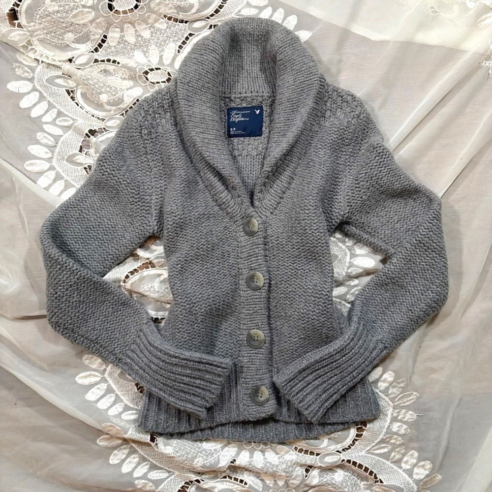 Y2K Fall Bella Swan American Eagle Gray Cardigan Wool Blend Chunk Knit Sweater S